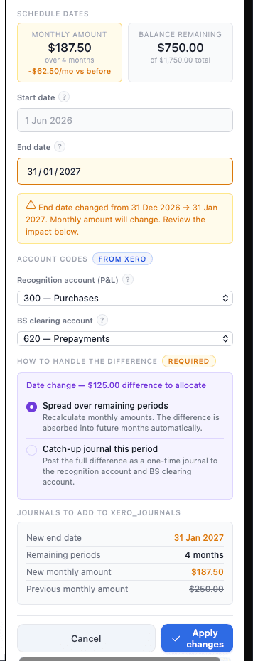 ScheduleXL Edit line panel with end date and account changes