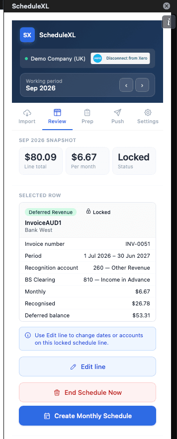 ScheduleXL Review tab with Edit line, Remove, and End Schedule actions